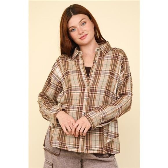 VERY J Contrast Plaid Raw Detail Shirt - Picture 4 of 5